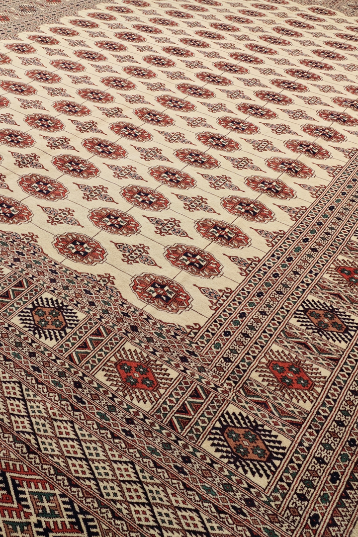 Ivory and Rust Turkmen Gül Bokhara, Hand-Knotted Wool Rug