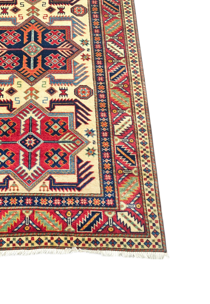 Ivory and Red Hooked Star Medallion Rug, Hand-Knotted Sherwan
