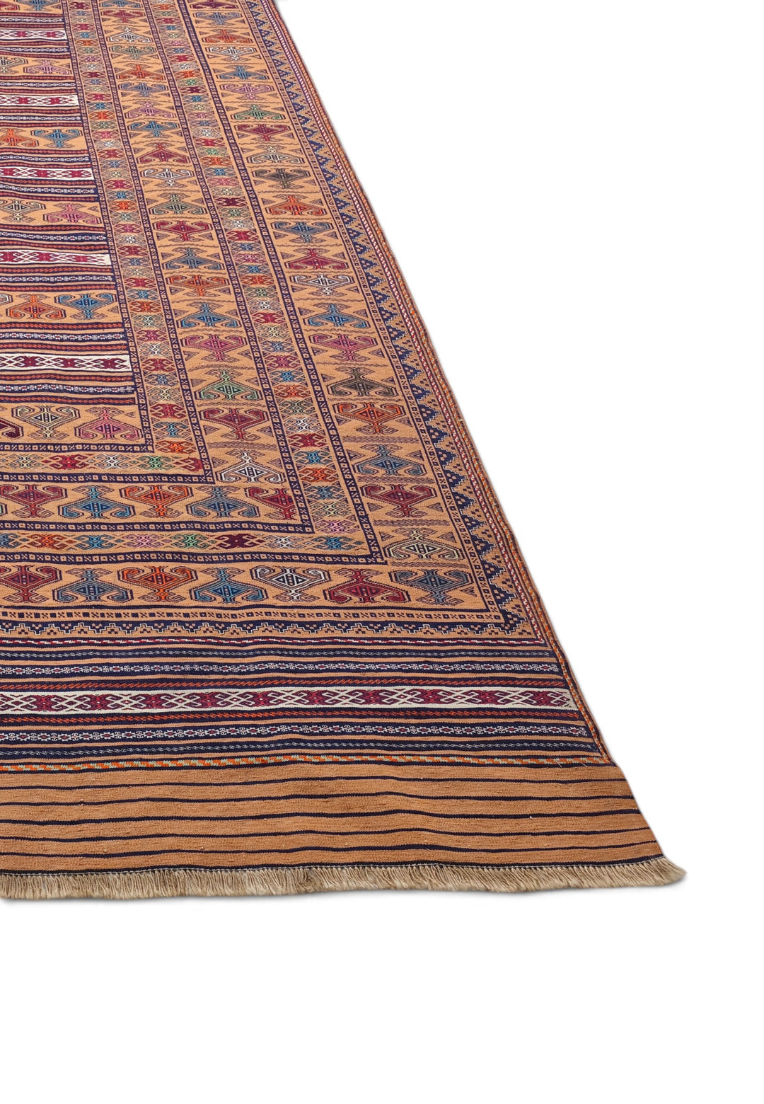 Apricot Camel and Indigo Banded Kilim, Hand-Woven Wool