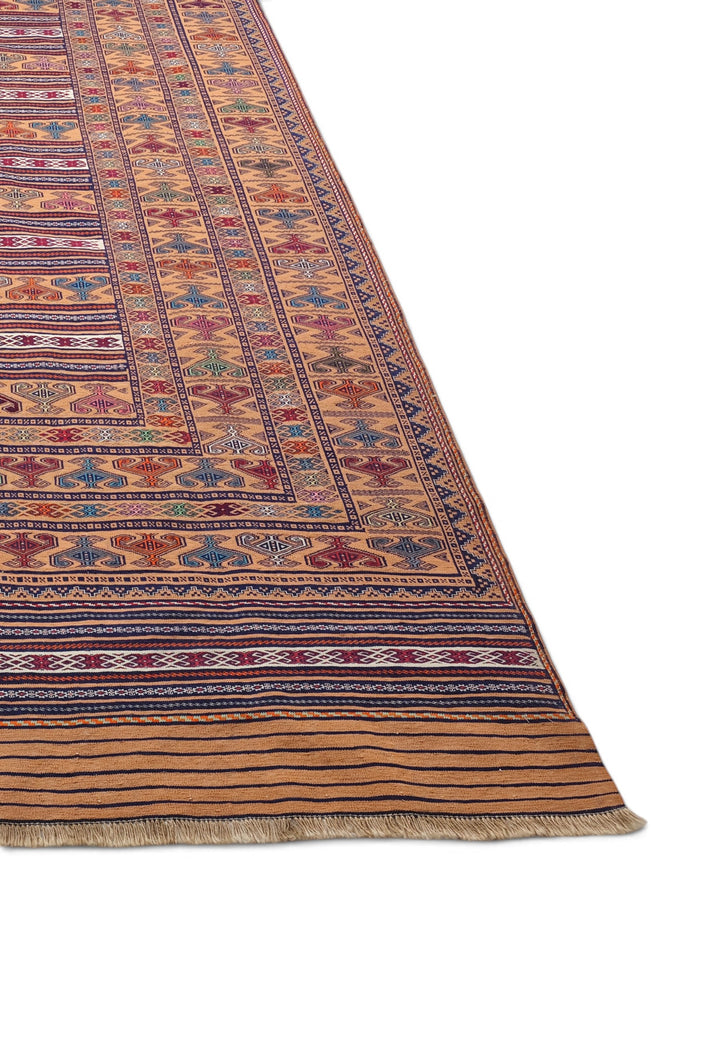 Apricot Camel and Indigo Banded Kilim, Hand-Woven Wool