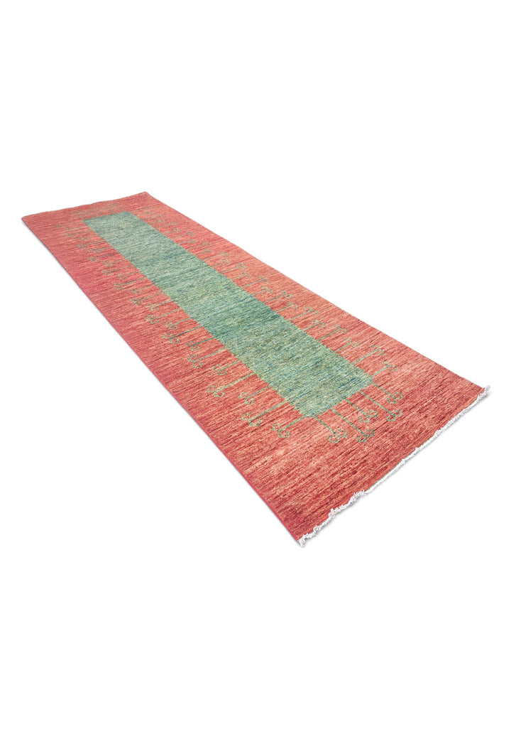 Terracotta Red and Green Panel Gabbeh, Hand-Knotted Wool Rug
