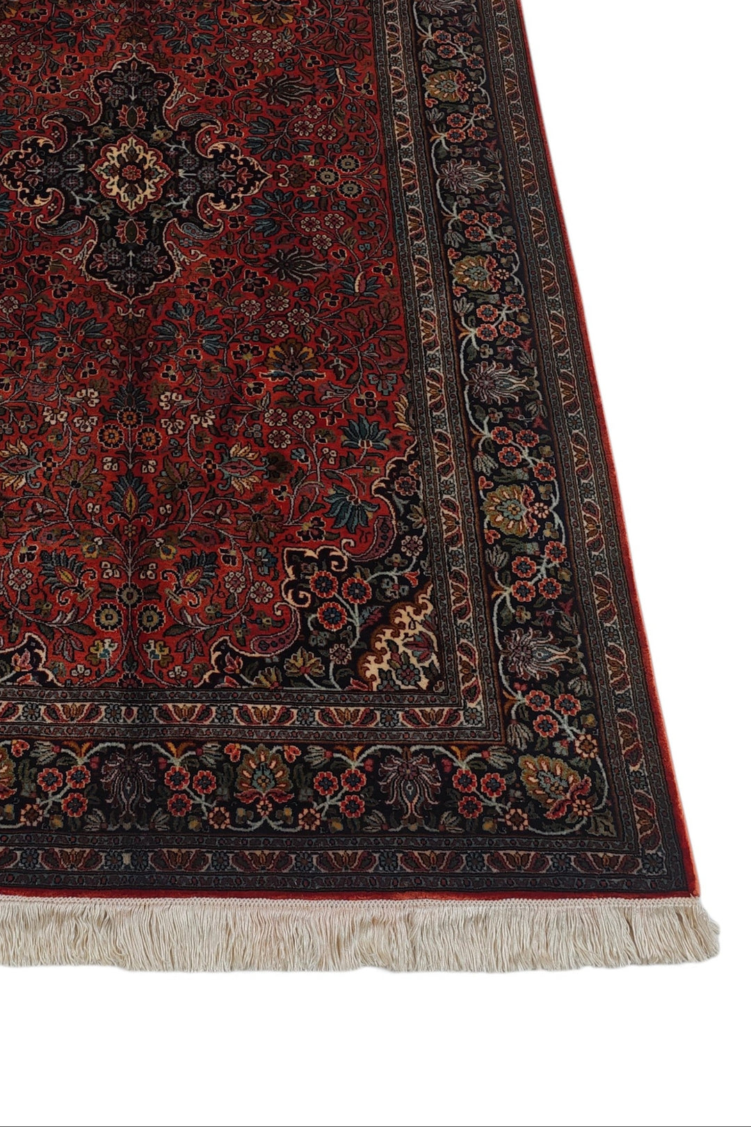 Deep Red and Navy Cloudband Medallion, Hand-Knotted Silk Rug