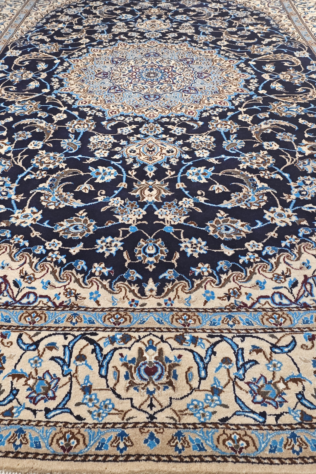 Navy &amp; Ivory Medallion Persian Nain, Hand-Knotted Wool Rug