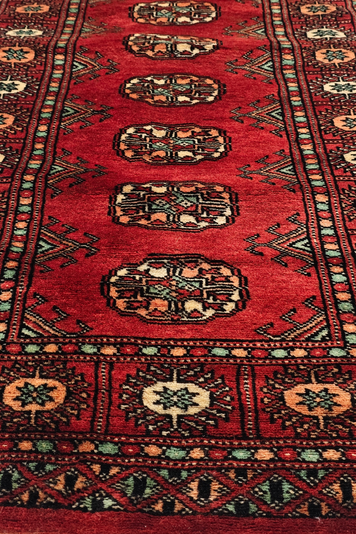 Red and Salmon Turkmen Gül Bokhara, Hand-Knotted Wool Rug