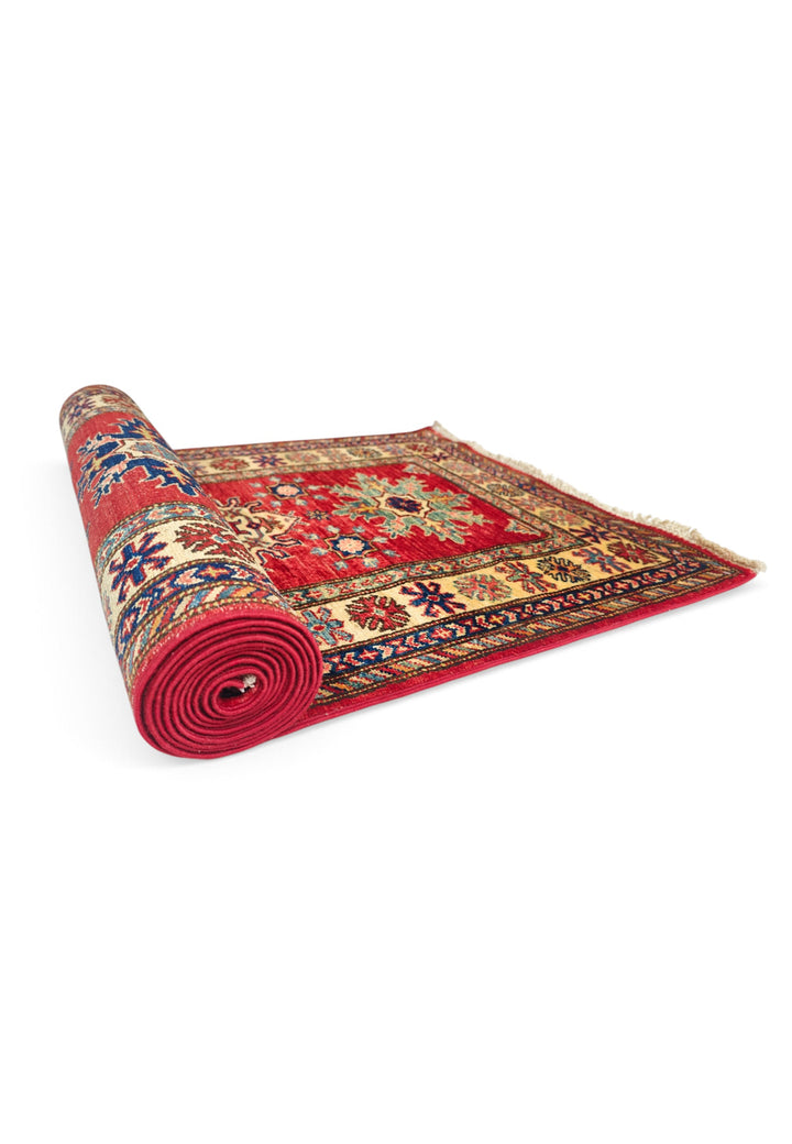 Red and Cream Serrated Star Kazak, Hand-Knotted Wool Rug