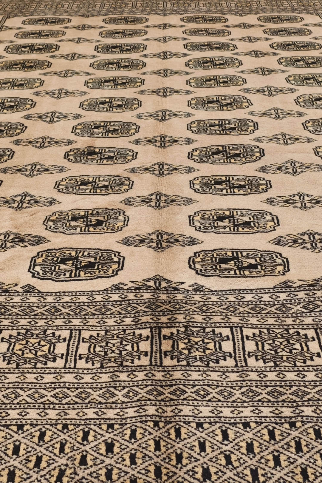 Cream and Walnut Turkmen Gül Bokhara, Hand-Knotted Wool Rug