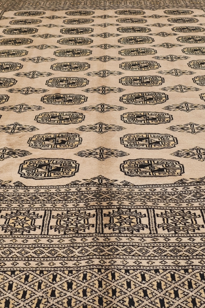 Cream and Walnut Turkmen Gül Bokhara, Hand-Knotted Wool Rug