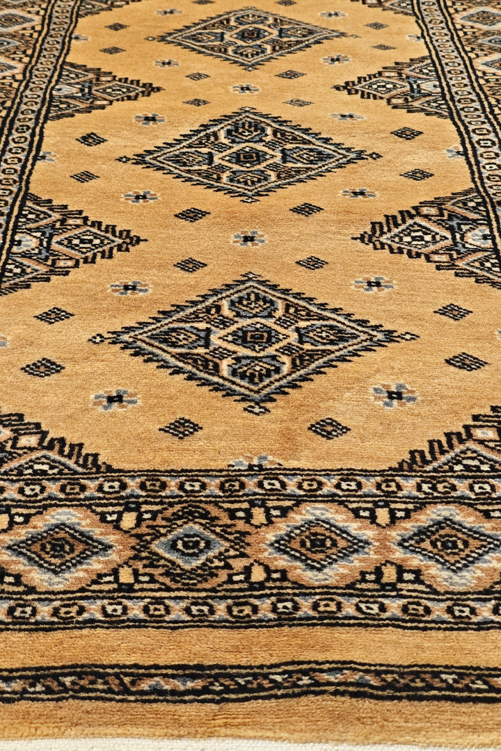 Honey Gold and Espresso Jaldar Diamond Medallion, Hand-Knotted Wool Rug