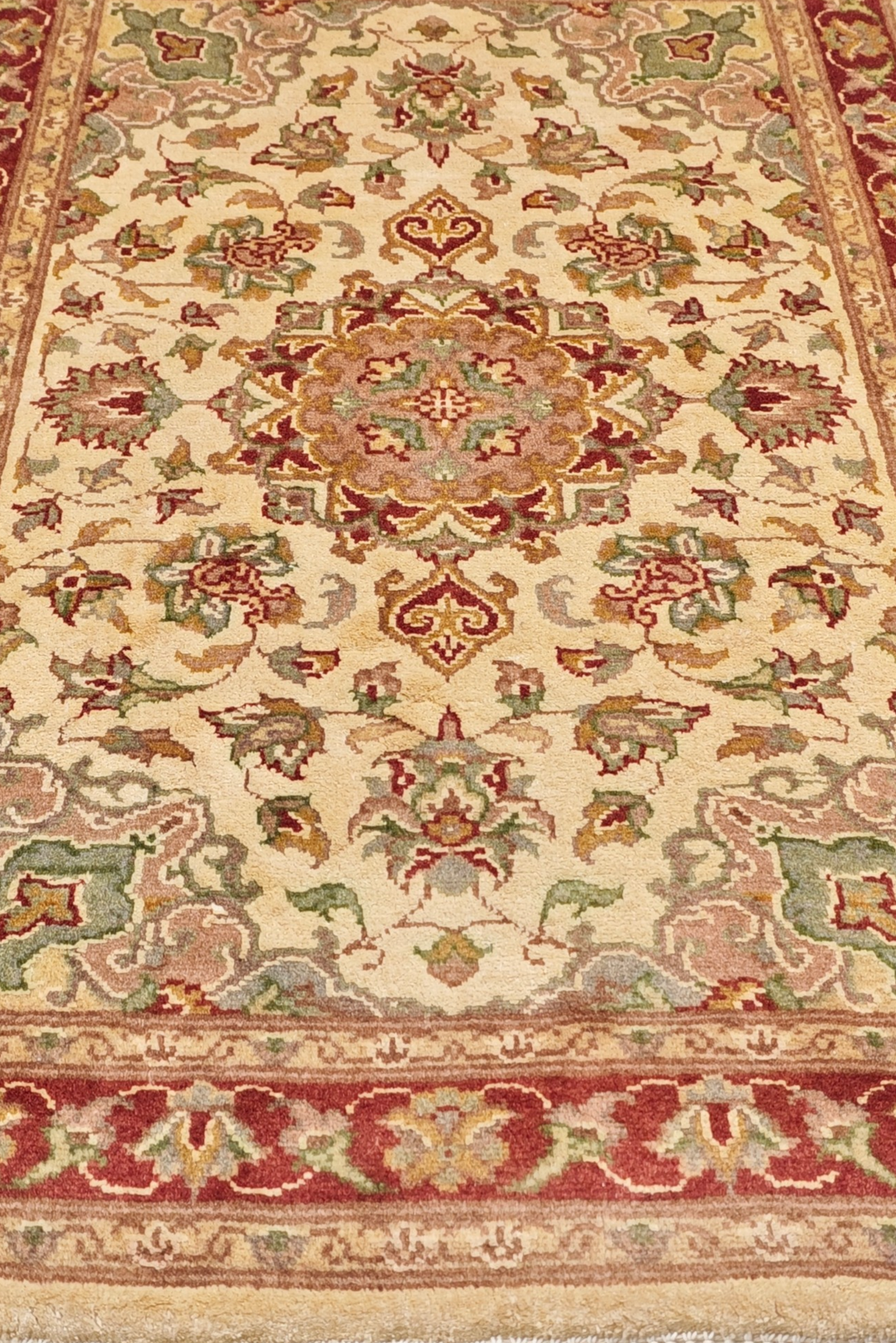 Cream and Brick Red Medallion Tabriz, Hand-Knotted Wool and Silk Rug