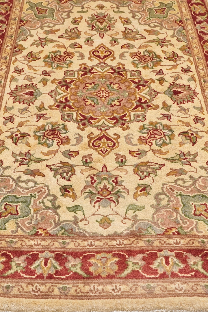 Cream and Brick Red Medallion Tabriz, Hand-Knotted Wool and Silk Rug