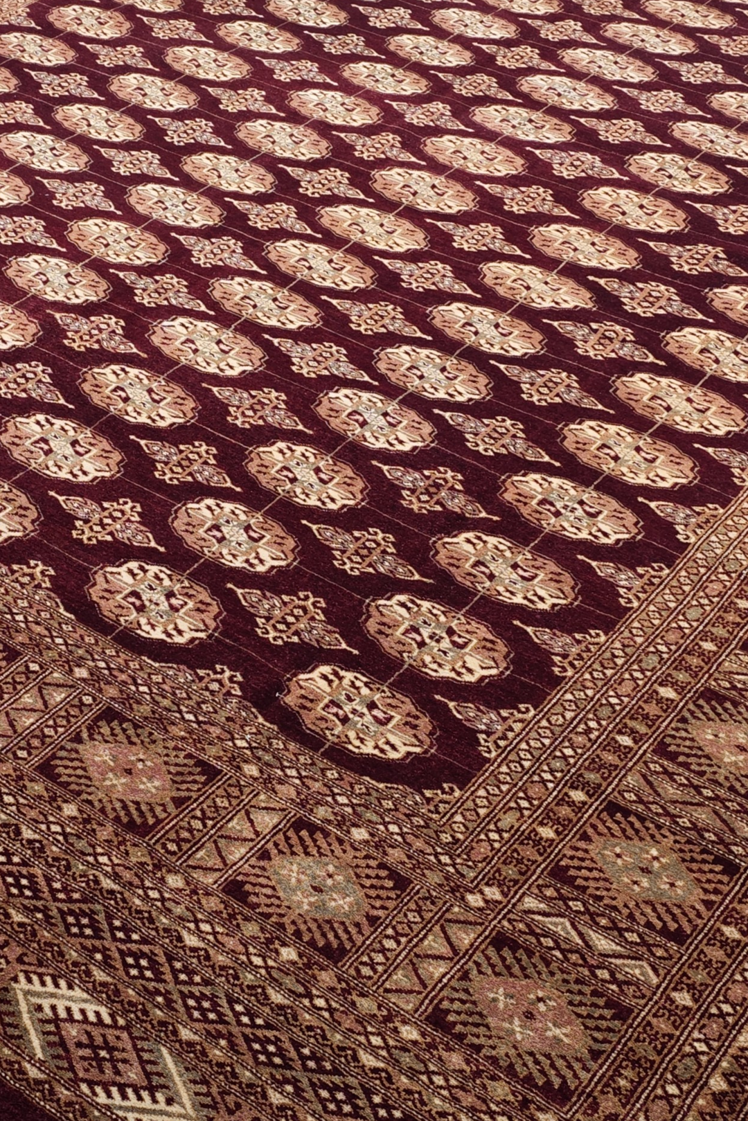 Aubergine and Tan Bokhara, Hand-Knotted Wool Rug