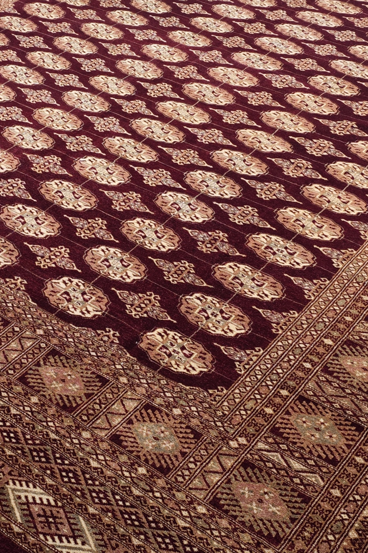 Aubergine and Tan Bokhara, Hand-Knotted Wool Rug