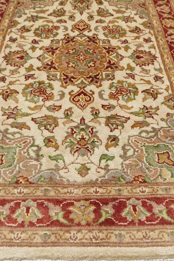 Ivory and Deep Red Tabriz Cloud Band Medallion, Hand-Knotted Wool and Silk Rug
