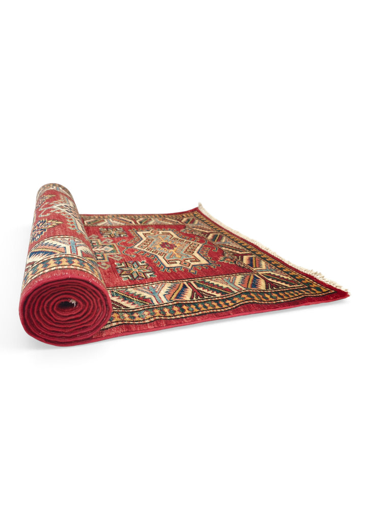 Deep Red and Cream Stepped Medallion Kazak, Hand-Knotted Wool Rug