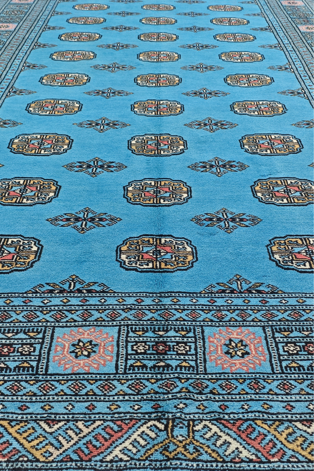 Turquoise and Ivory Turkmen Gül Bokhara, Hand-Knotted Wool Rug