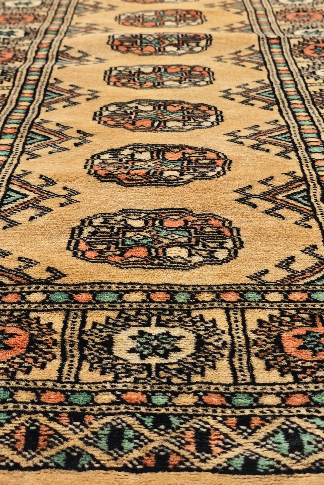 Gold and Peach Turkmen Gül Bokhara, Hand-Knotted Wool Rug