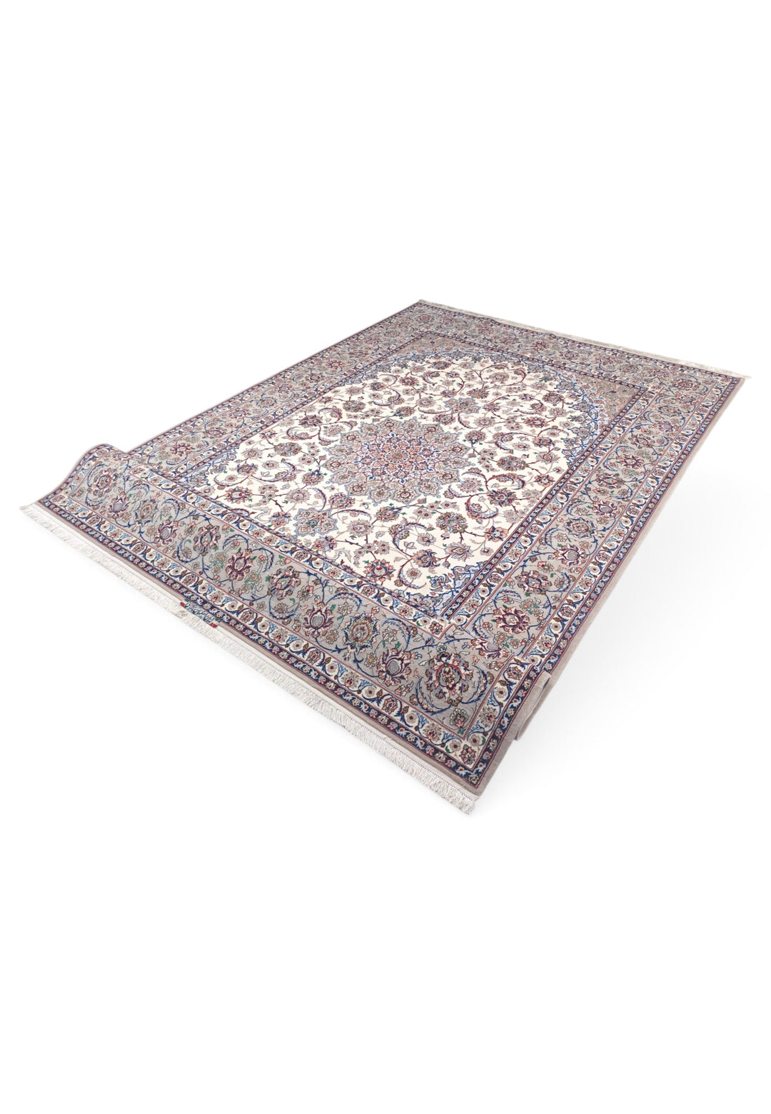 Ivory and Grey Medallion Yazdani Isfahan, Hand-Knotted Wool Rug