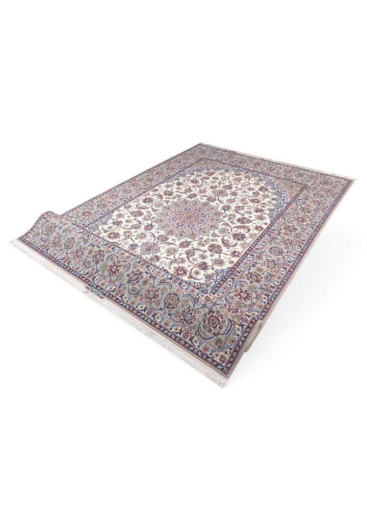 Ivory and Grey Medallion Yazdani Isfahan, Hand-Knotted Wool Rug