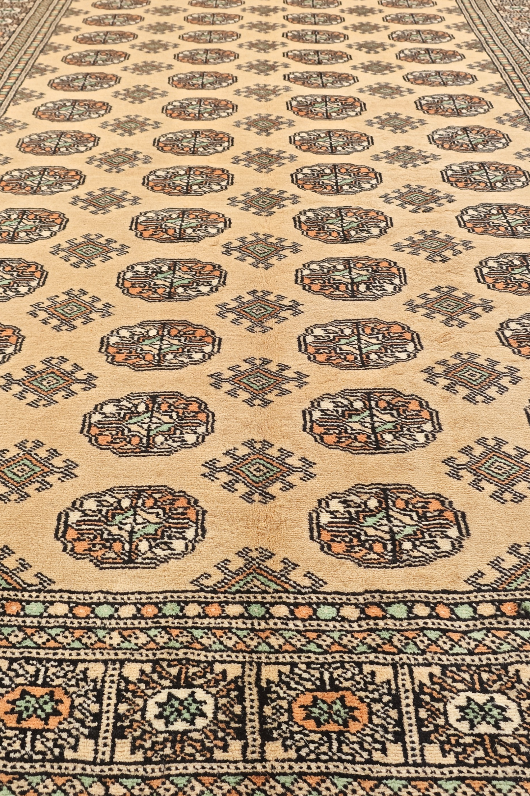 Warm Gold and Espresso Turkmen Gül Bokhara, Hand-Knotted Wool Rug