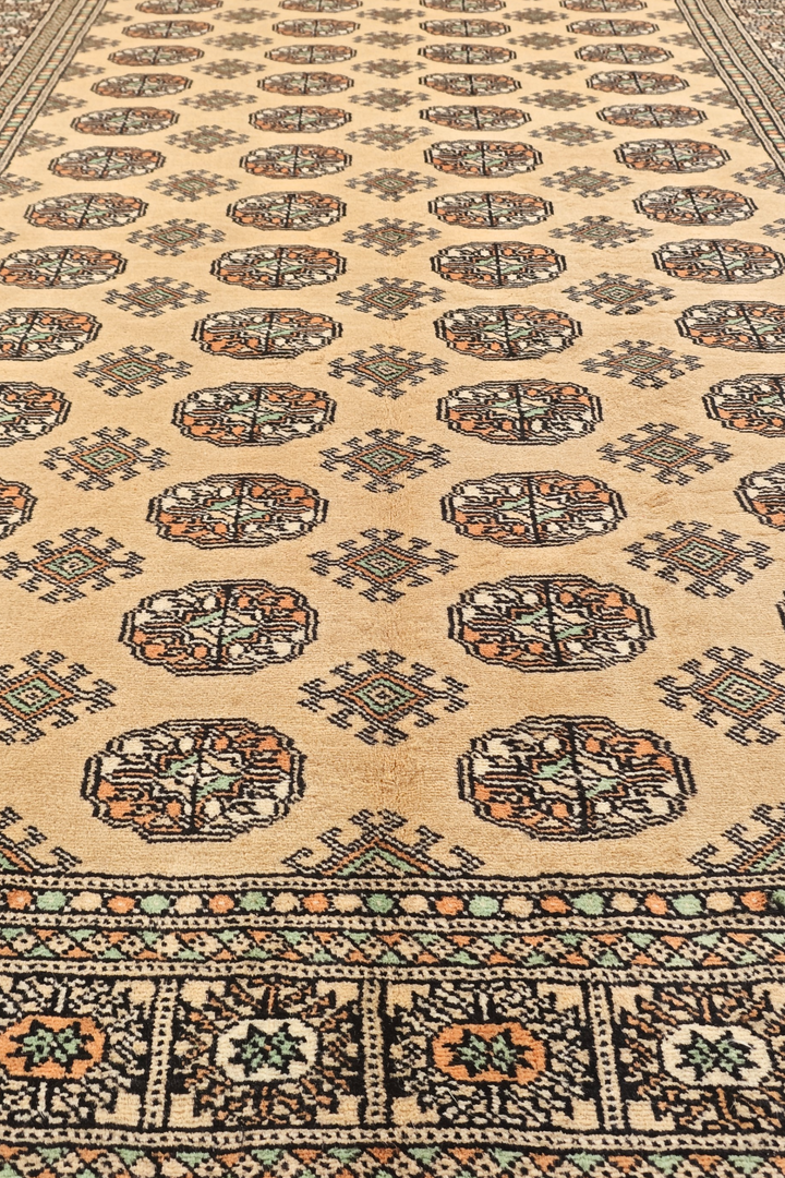 Warm Gold and Espresso Turkmen Gül Bokhara, Hand-Knotted Wool Rug