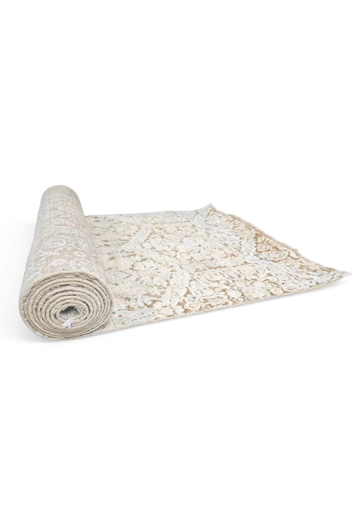 Ivory and Taupe Damask Lattice, Hand-Knotted Wool and Silk Rug