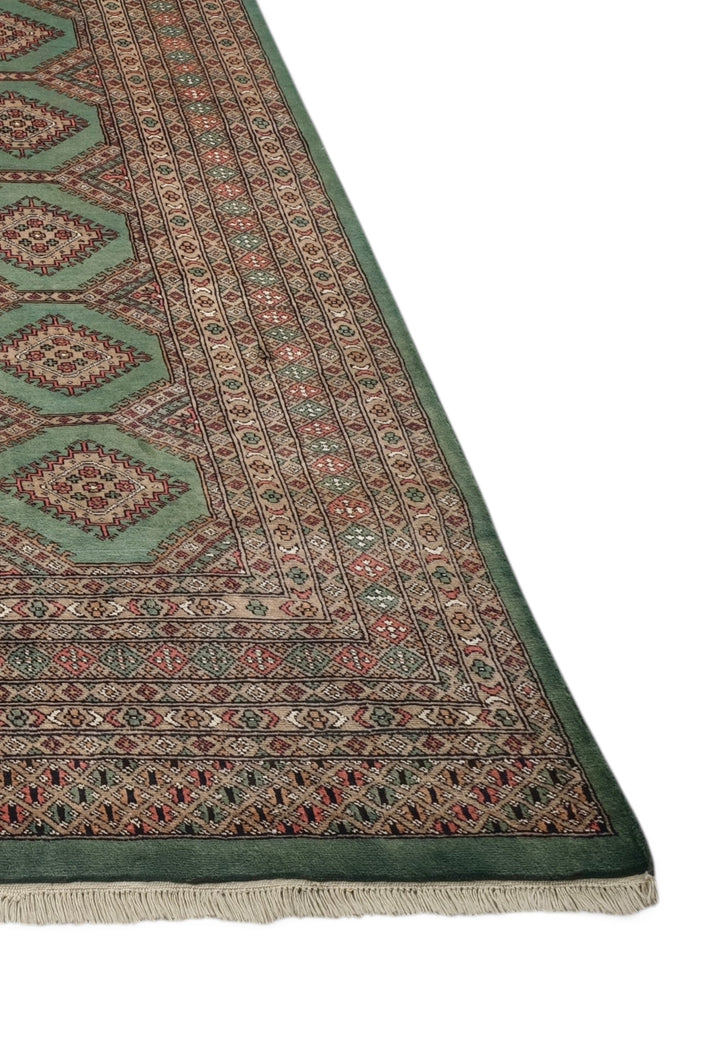 Sage Green and Taupe Compartment Lattice Bokhara, Hand-Knotted Wool Rug