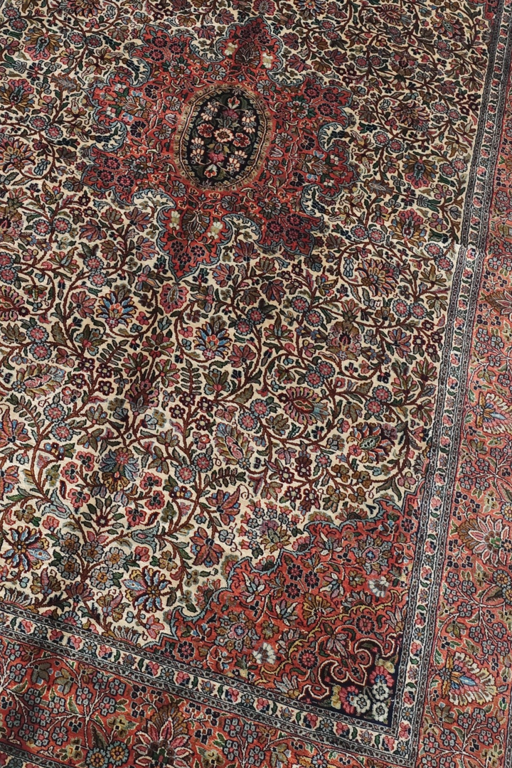 Cream and Rust Lobed Medallion, Hand-Knotted Silk Rug