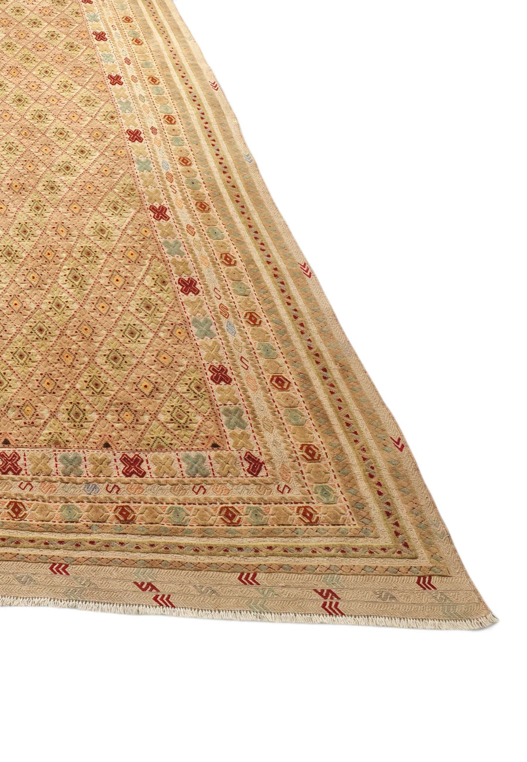 Wheat Gold and Cream Diamond Lattice Kilim, Hand-Woven Wool