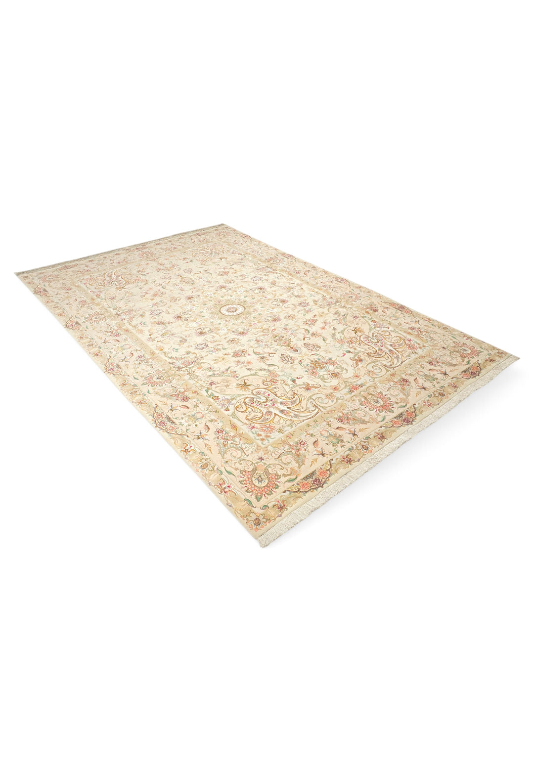Cream and Gold Radiating Medallion Tabriz, Hand-Knotted Wool Rug