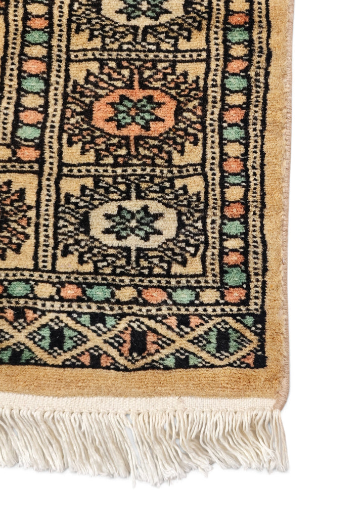 Gold and Peach Turkmen Gül Bokhara, Hand-Knotted Wool Rug