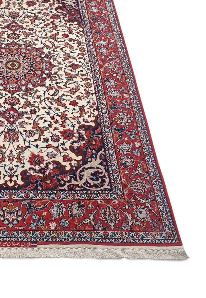 Ivory and Red Star Medallion Sirafian Isfahan, Hand-Knotted Wool Rug