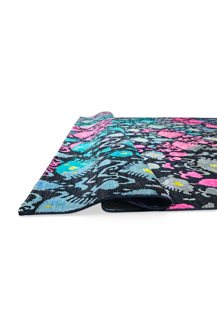 Indigo and Magenta Ikat Ghazni, Hand-Knotted Wool Rug