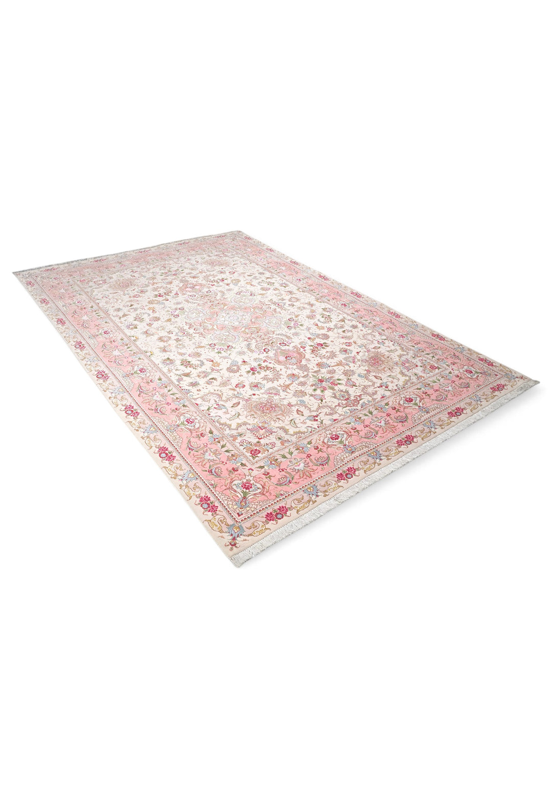 Cream and Rose Pink Medallion Tabriz, Hand-Knotted Wool Rug