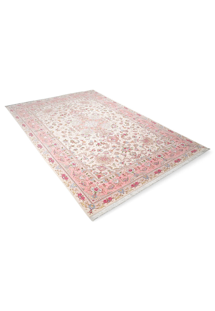 Cream and Rose Pink Medallion Tabriz, Hand-Knotted Wool Rug