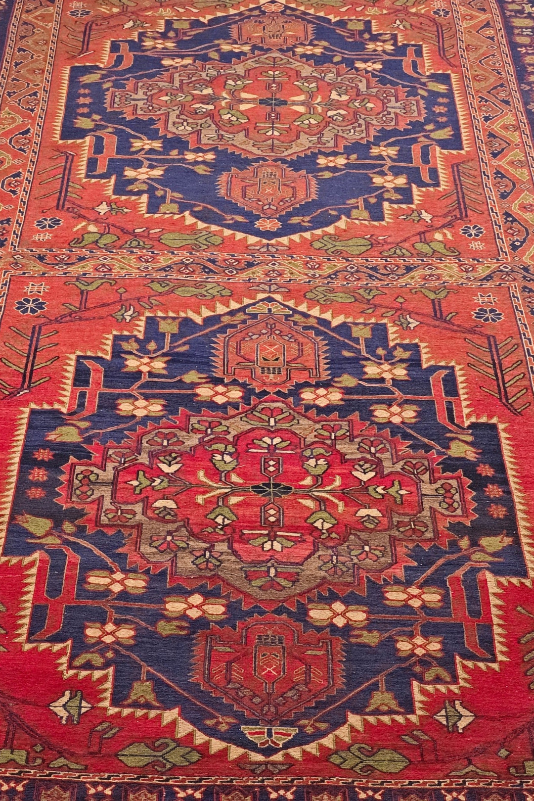 Red and Navy Twin Medallion Kilim, Hand-Woven Wool