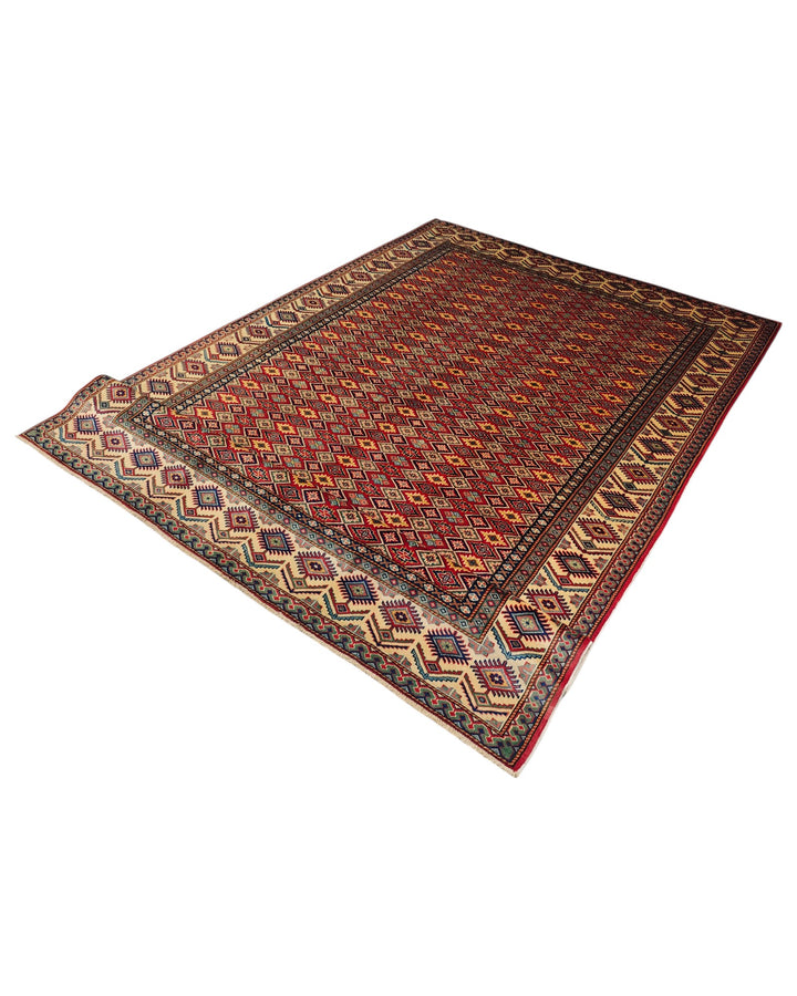 Red All-Over Diamond Lattice Rug, Hand-Knotted Afghani Sherwan