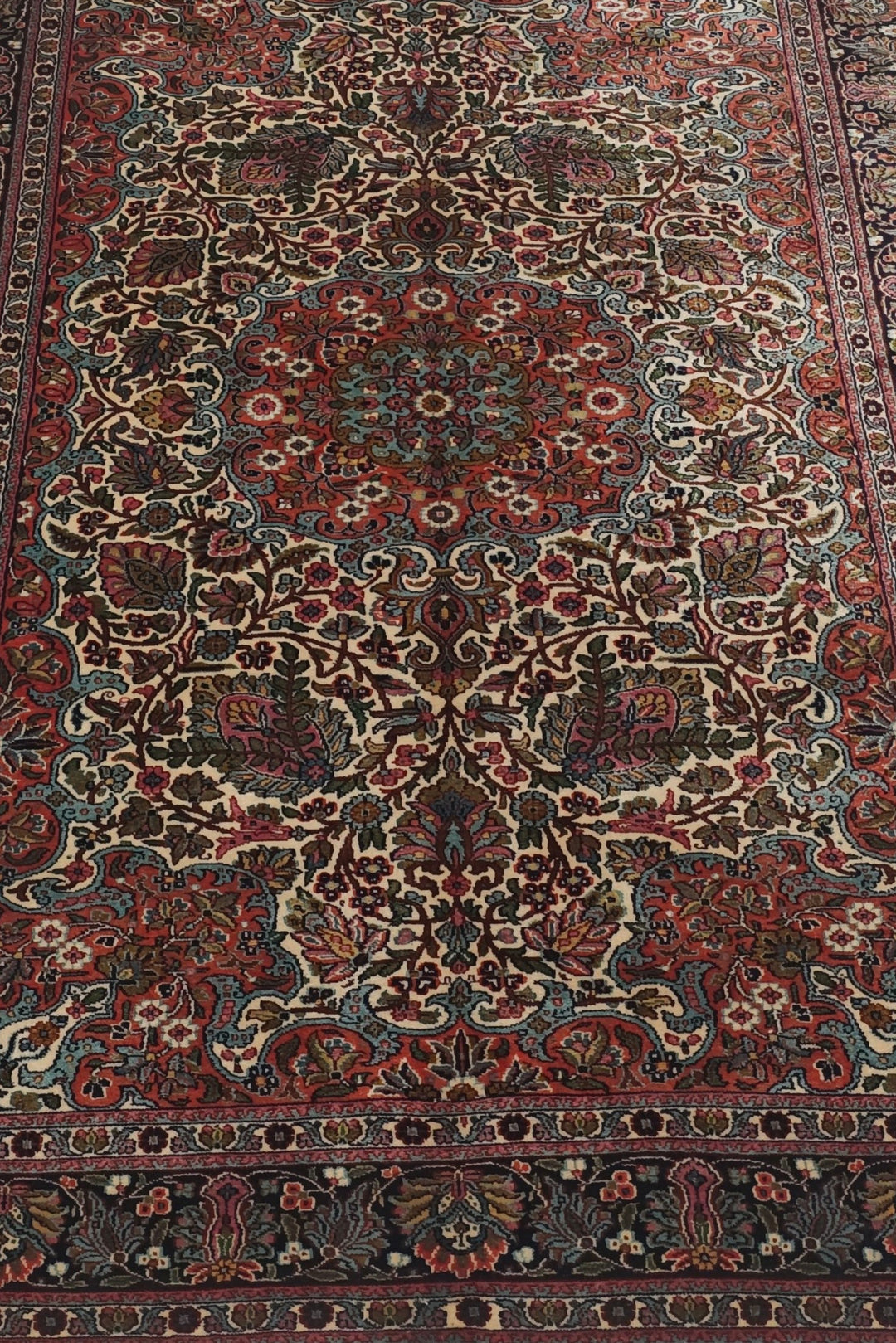 Ivory and Navy Shah Abbasi Floral Medallion, Hand-Knotted Silk Rug