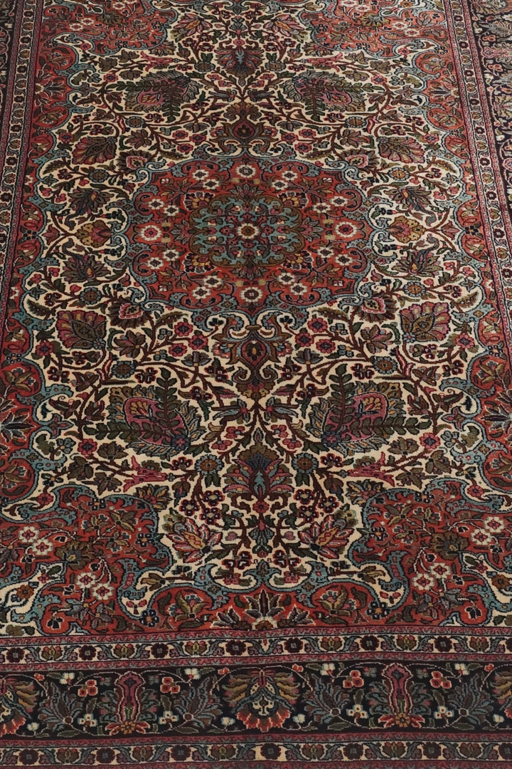 Ivory and Navy Shah Abbasi Floral Medallion, Hand-Knotted Silk Rug