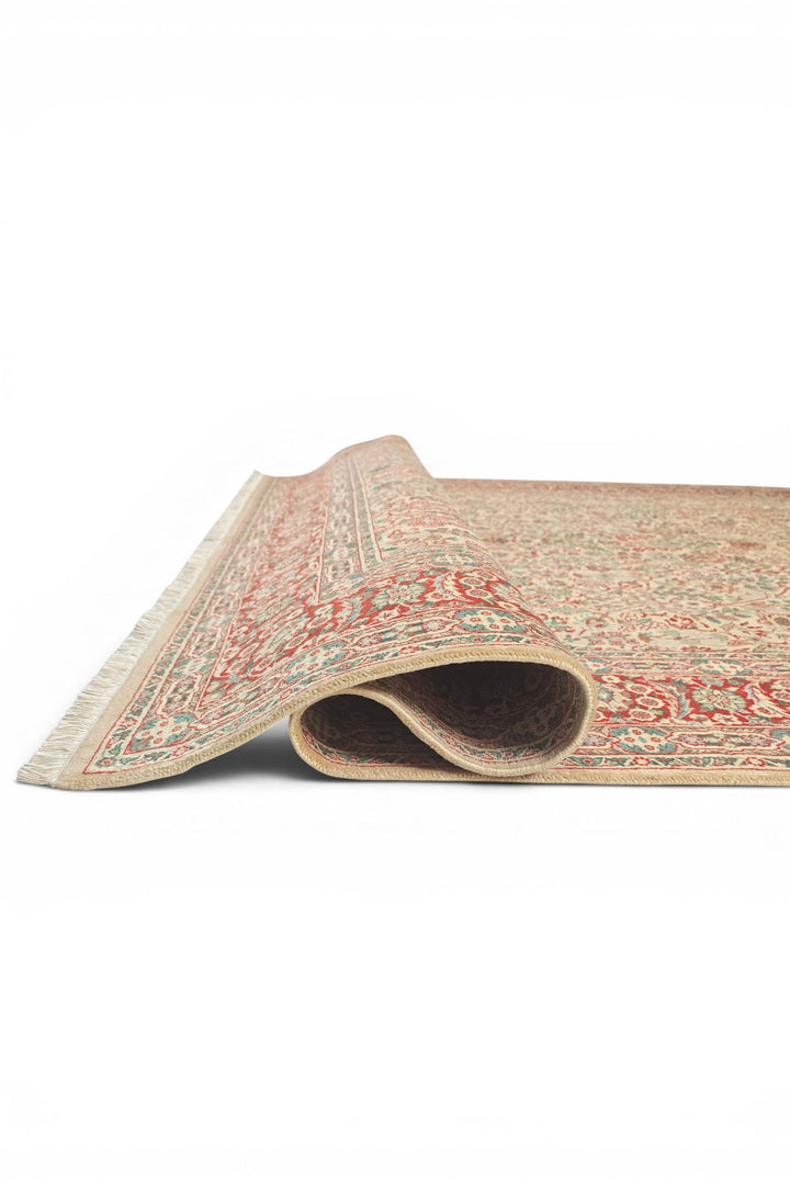 Cream and Red Floral, Hand-Knotted Pakistani Wool Rug