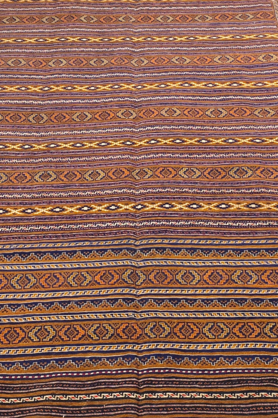 Caramel and Gold Banded Kilim, Hand-Woven Wool