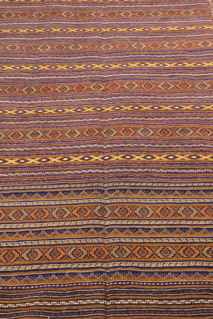 Caramel and Gold Banded Kilim, Hand-Woven Wool