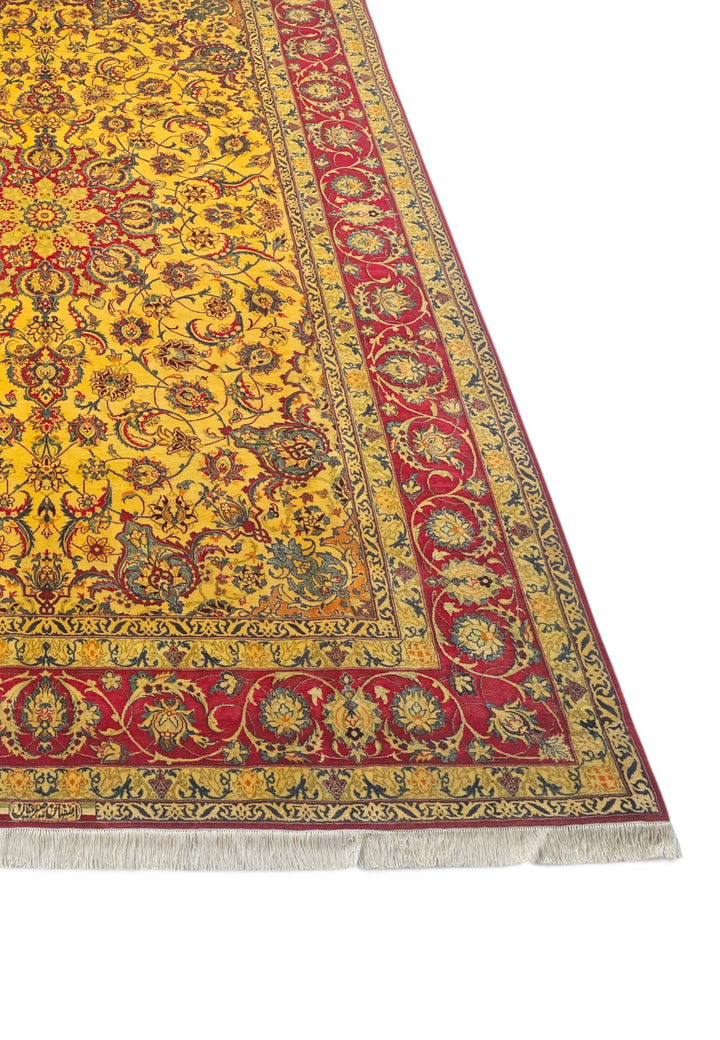Gold and Crimson Star Medallion Isfahan, Hand-Knotted Wool Rug