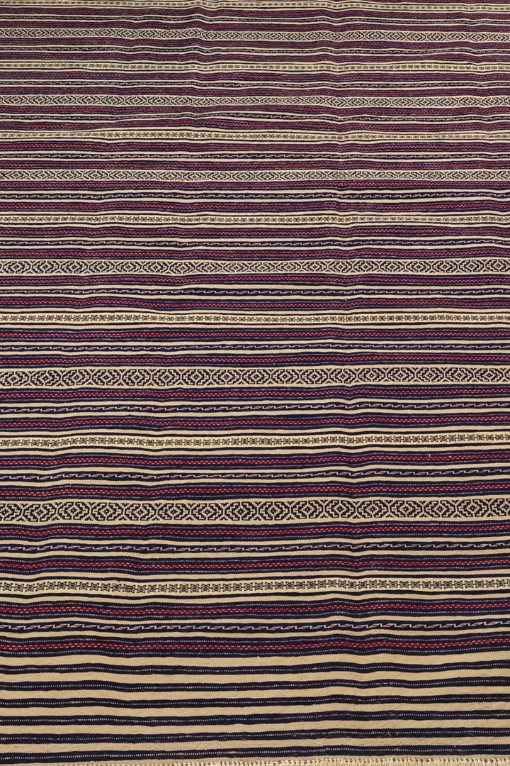 Aubergine and Wheat Striped Kilim, Hand-Woven Wool