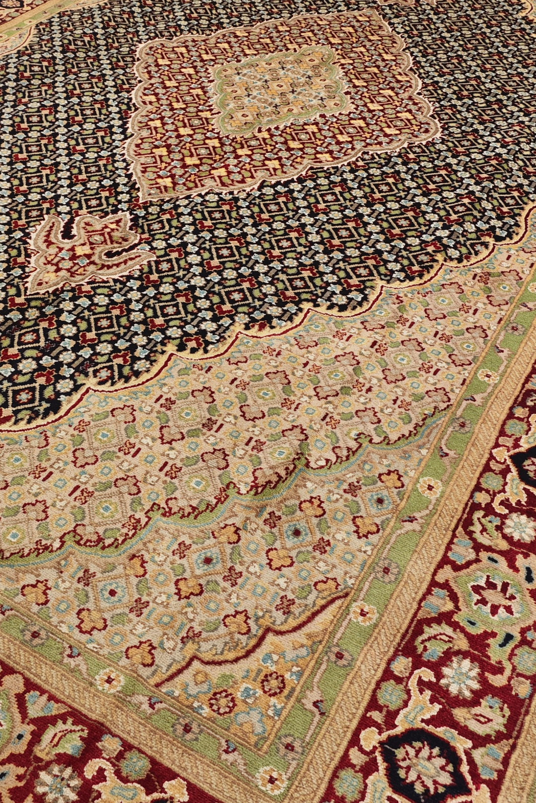 Navy and Cream Tabriz Mahi, Hand-Knotted Pakistani Wool and Silk Rug