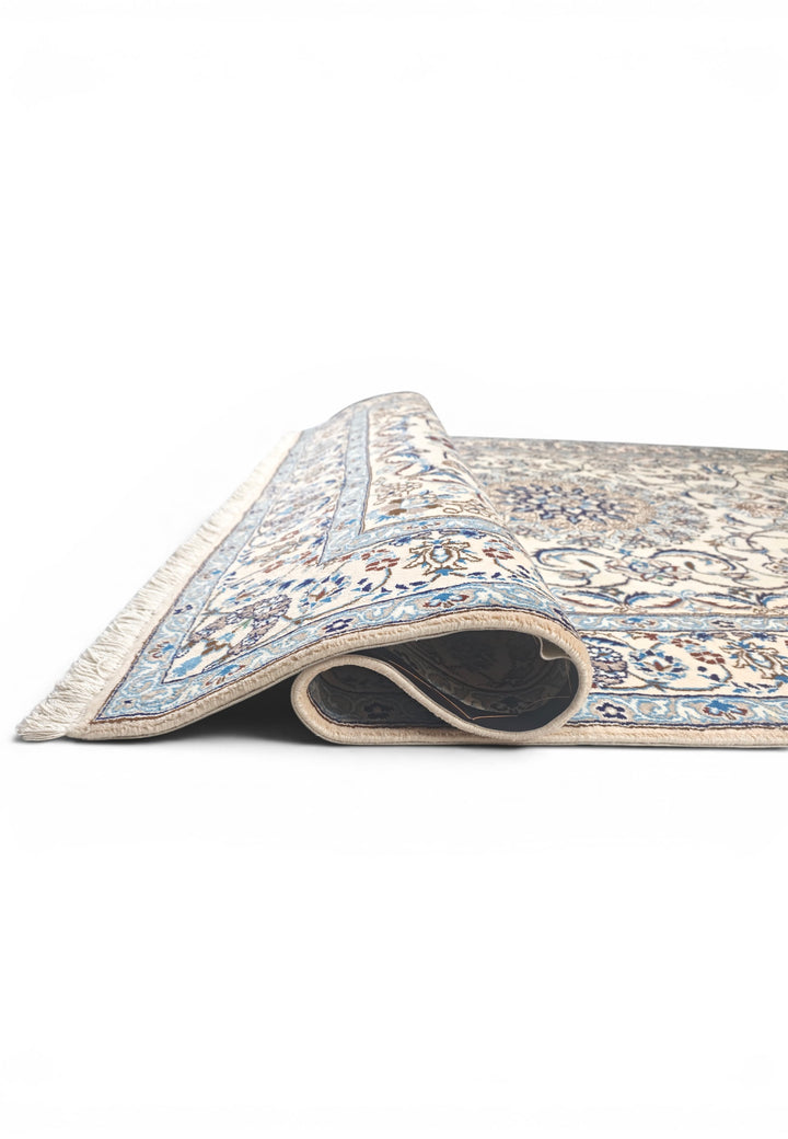 Ivory &amp; Blue Floral Persian Nain, Hand-Knotted Wool Rug