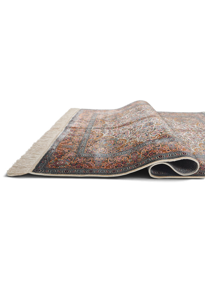Cream and Brown Boteh Medallion, Hand-Knotted Silk Rug