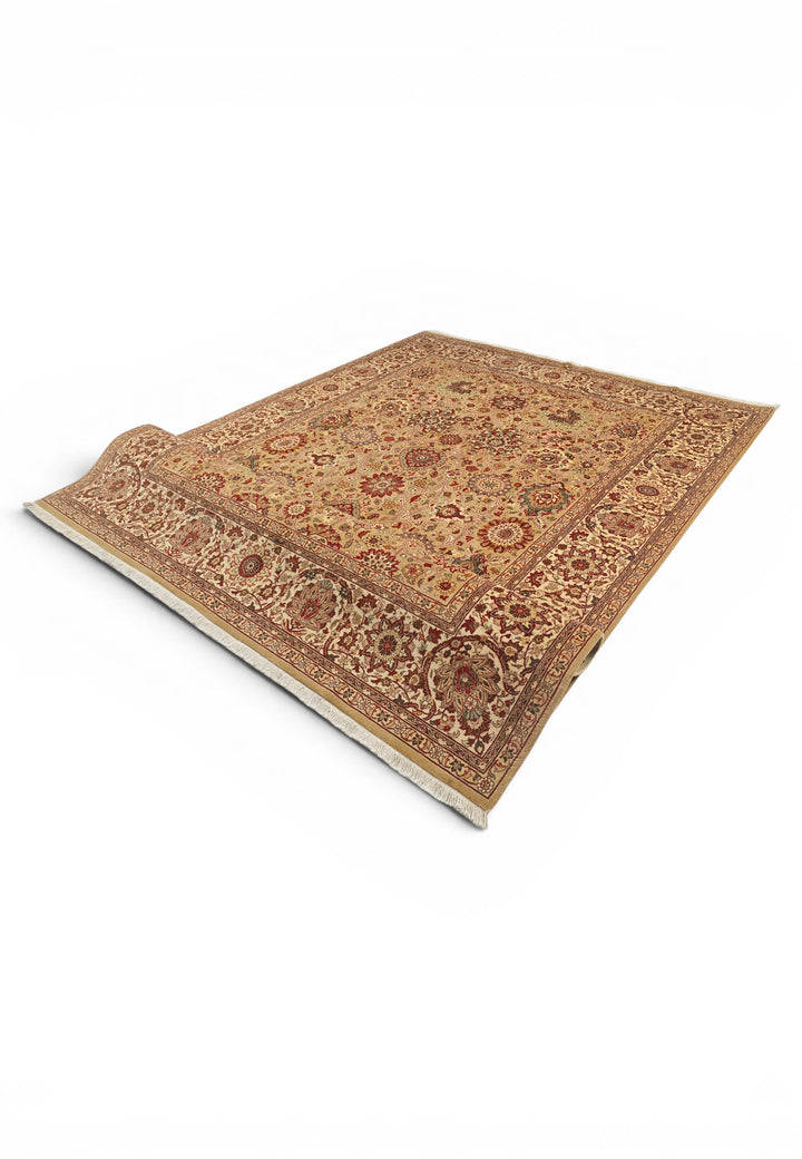Gold and Ivory Tabriz Floral, Hand-Knotted Pakistani Wool Rug