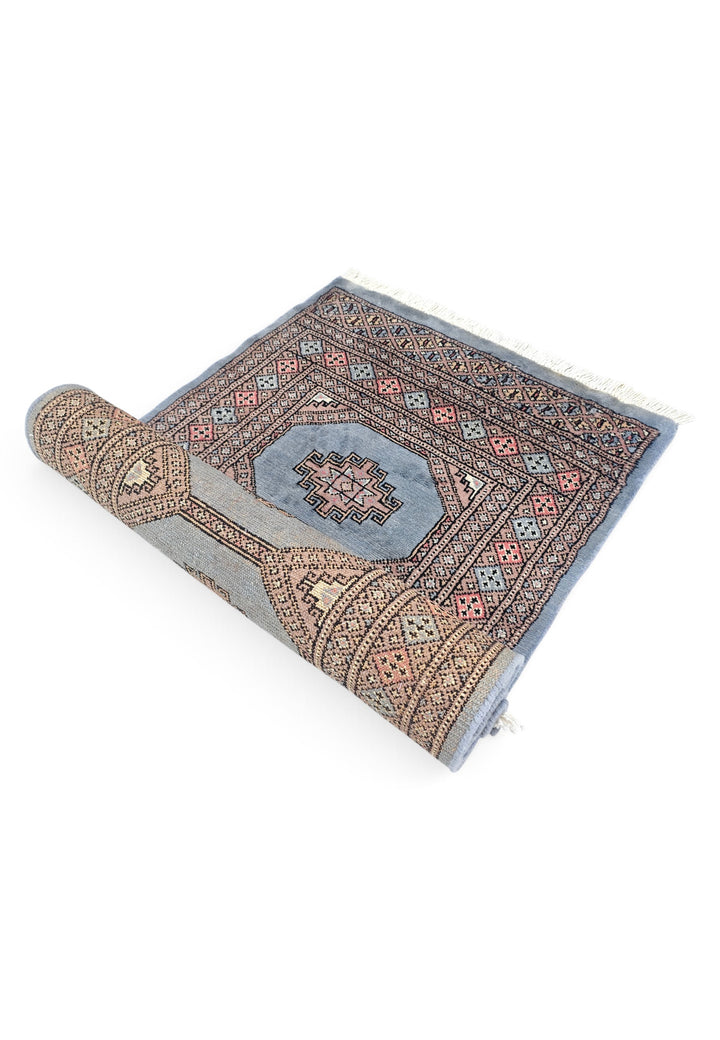 Dusty Blue and Rose Turkmen Gül Bokhara, Hand-Knotted Wool Rug