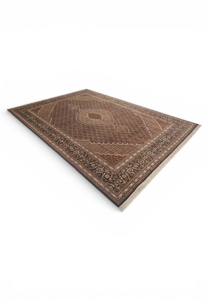 Brown Mahi Medallion Persian Tabriz, Hand-Knotted Wool Rug