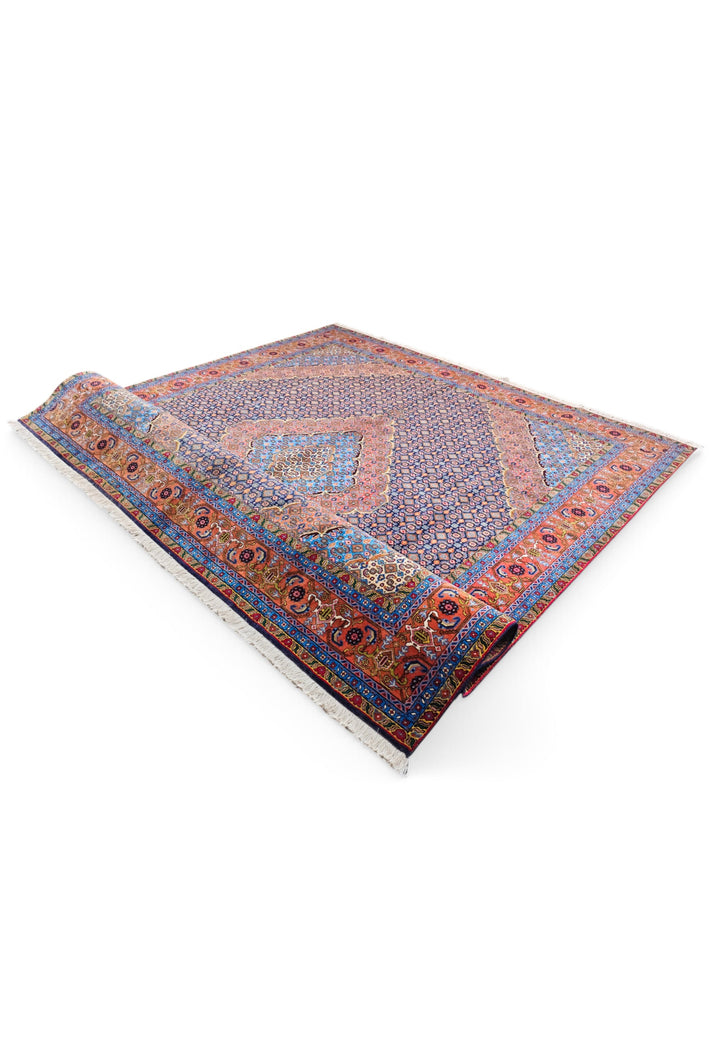 Slate Blue and Salmon Mahi Medallion, Hand-Knotted Wool Rug